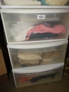 lot 23361 image: 3 stackable plastic drawers with contents - crafting and sewing items