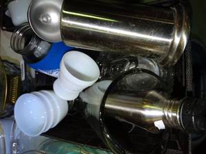 lot 23340 image: Glass Pitcher  Cups  Trays  Bottle  Lot
