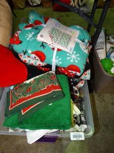 lot 23306 image: Several Christmas Ornaments  Seasonal Fleece Blankets  Misc Lot