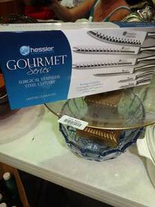 lot 23341 image: Knife Set  Elevated Platter  Decorative Glass Bowl