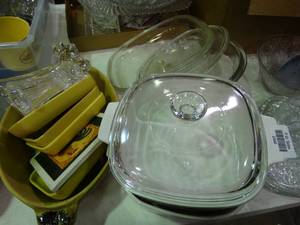lot 23346 image: Lidded Bakeware and Decorative Yellow Glass Platters