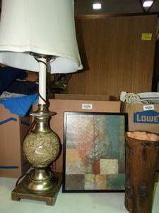 lot 23416 image: Water Leaf Artwork, Log Vase and Table Lamp