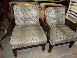 lot 23657 image: Par of Unique Cushioned & Wood Living Room Arm Chairs