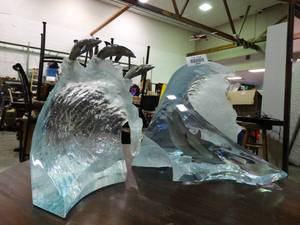 lot 23642 image: 2 Large Exquisite Lucite Dolphins in Breaking Waves - WOW