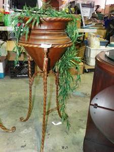 lot 23538 image: 32 inch Tall Decorative Metal Plant Stand w Faux Plant
