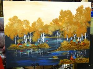 lot 23546 image: Beautiful  48 x 36 Signed Fallievaws Painting of a Colorful Wooded Lake w Red Bird