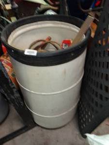 lot 23910 image: White Barrel with Jumper Cables, Scrub Brush, Etc