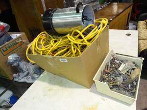 lot 23928 image: Lot of Extension Cords, Hot Water Dispenser (no cord) and Misc. Hardware