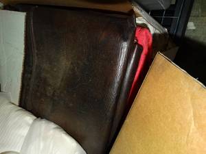 lot 23938 image: Box of Fabric - Yardage of Burgundy Pleather & Blankets