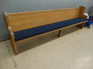 lot 21617 image: Large Wooden Pew with Dark Blue Cushion