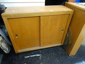 lot 21632 image: Small Wooden Cabinet with Sliding Doors
