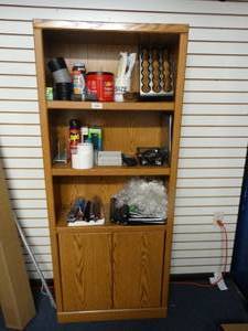 lot 21641 image: Tall Wooden Bookshelf with Assorted Contents