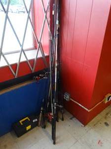 lot 21710 image: Lot of Approx. 11 Fishing Poles, Reels, and Tackle Box with Misc. Contents