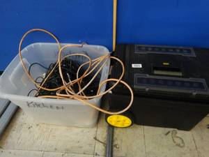 lot 24557 image: Lot of Assorted Electrical Cords and Power Strips with Stanley Toolbox