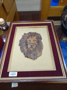 lot 24912 image: Very Unique Wood Carved Lion Wall Art