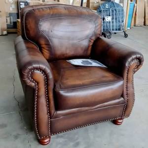 lot 101 image: NEW Coaster Home Furnishings Montbrook Chair with Rolled Arms & Nailhead Trim - Hand Rubbed Leather - Brown