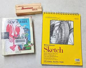 lot 8139 image: Rainy Day Lot, All NEW - Strathmore Sketch Paper Pad, 300 Series, Spiral-Bound, 11 x 14, 100 Sheets & New Yorker Seaside Cafe - 500 Piece Jigsaw Puzzle  Bonus Set of Dominoes