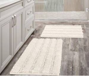 lot 8154 image: Extra Thick Striped Anti-Slip Bath Rugs for Bathroom (Set of 2), Soft Plush Chenille Yarn Shaggy Mat, Water Absorbent, Color Ivory (20 x 32 & 17 x 24)