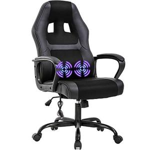 lot 9069 image: PC, Gaming, Office, Massage Ergonomic Desk Chair - Adjustable, PU Leather with Lumbar Support, Headrest, Armrest, Rolling, & Swivels (Black) - Tested