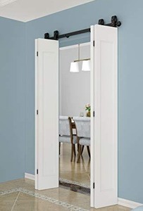 lot 7883 image: DIYHD 63 Bi-Folding Sliding Barn Door Hardware, Black Flat Track Top Mount Roller Kit for 4 Doors