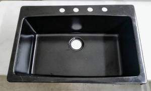 lot 7381 image: Rockland Dual Mount Composite 33 inch 4-Hole Single Bowl Kitchen Sink in Black