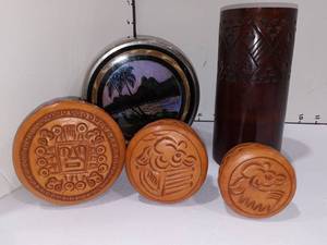 lot 1023 image: Leather Nesting Boxes with Russian Hand Carved Wood Pencil Cup and Hand Painted Brazilian Metal Canister