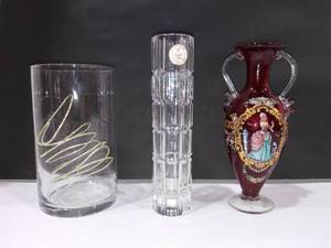lot 1027 image: Polish Lead Crystal Vase with Handpainted Ruby Glass and Clear Glass Vases