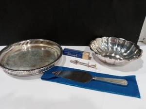 lot 1028 image: Reed and Barton with W and S Blackinton Silverplate Serving Dishes with Swedish Silverplate Sugar Tongs