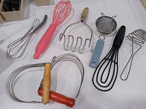 lot 1050 image: Whisks Potato Mashers and Strainer