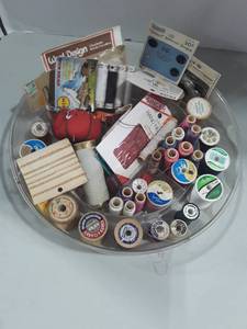 lot 1371 image: Lot of Sewing Thread and Other Miscellaneous in a Round Storage Container