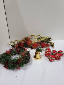 lot 1417 image: Christmas Swag  Small Wreath  6 Homemade Ornaments & Wind-up Musical Bell