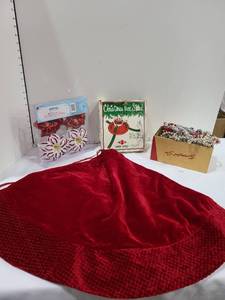 lot 1418 image: Tree Stand  Tree Skirt  Martha Stewart Ornaments & Vintage Garland for Tree