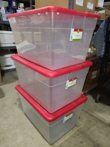 lot 1437 image: Steriliye 56 Quart Storage Totes with Red Lids Lot of 3
