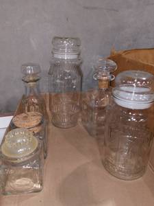 lot 1170 image: Vintage Glass Planters Peanut Jar with Assorted Bottles and Jars