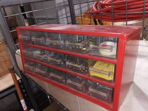 lot 1186 image: Red Metal 15 Drawer Bin Storage with Contents