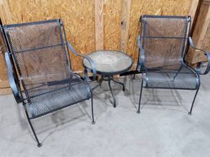 lot 1532 image: Wrought Iron and Tempered Glass Top Patio Side Table 18 x 21 x 21 in with Pair of Wrought Iron Captains Patio Chairs