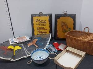 lot 1541 image: Vintage Plastic Hair Protector Bonnet with Assorted Home Decor