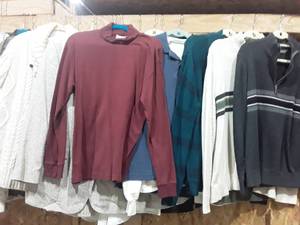 lot 1600 image: Mens Sweaters, Long Sleeve Shirts, Suit Jacket 42R. Sweaters and Shirts are Sized Medium and Large