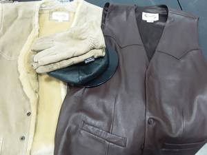 lot 1615 image: Mens Leather Vests, pr. of Gloves and a Leather Hat