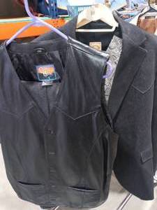 lot 2025 image: Leather Cripple Creek Vest with Levi Strauss Jeans Size 32 x 32 with Frontier Clothing Jacket and Vest Size XXL and Circle S Pants Size 38