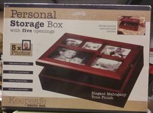 lot 2420 image: Mahogany Finish Personal Storage Box With 5 Photo Openings W Logo On Front