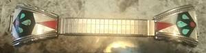 lot 2630 image: Sterling Silver Mens Watchband with Inlaid Coral, Turquoise, MOP
