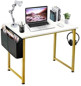 lot 65719 image: White Computer Desk with Gold Legs and a Black Storage Bag.