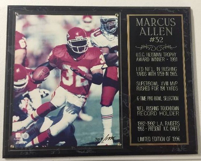lot 1046 image: Marcus Allen Plaque with 8x10 Photo and Engraved Statline