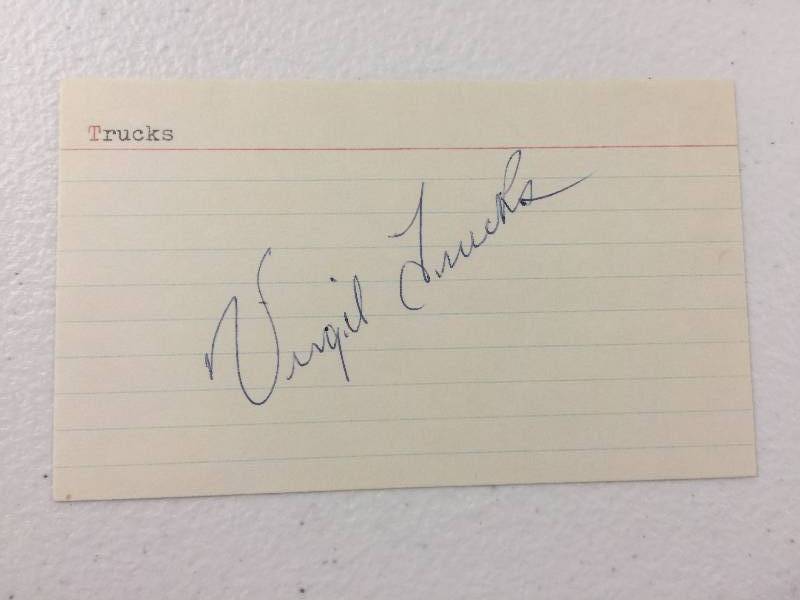 lot 1061 image: Virgil Trucks Signed Index Card with James Spence Authentication (JSA) Kansas City As