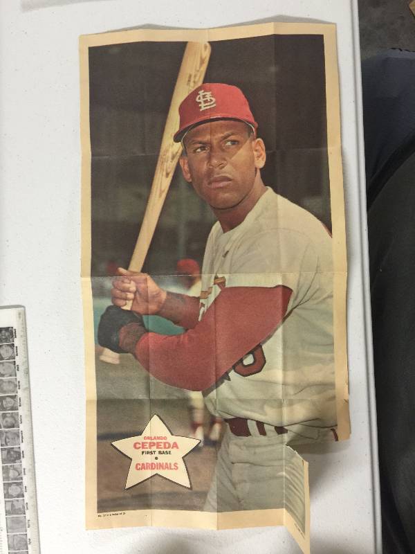 lot 1073 image: Three 1968 Topps Posters of Orlando Cepeda Jim Lonberg Jim Toy Cannon Wynn