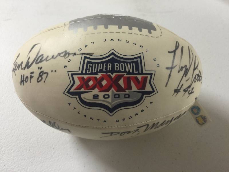 lot 1078 image: Super Bowl XXXIV 2000 Football Signed by FOUR Hall of Famers Len Dawson,Floyd Little,Don Maynard,Leroy Kelly PSADNA