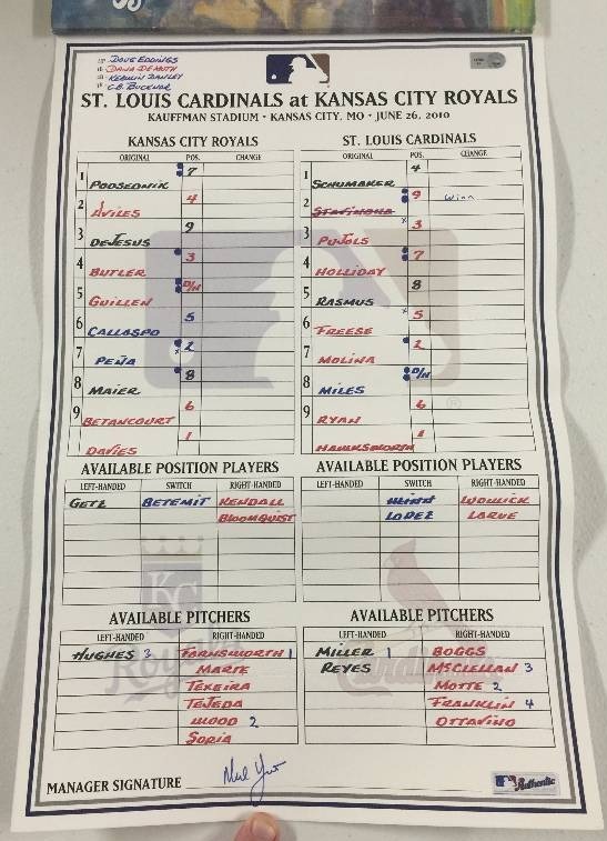 lot 1099 image: Major League Lineup Card Kansas City Royals vs St. Louis Cardinals 6102010 wPujols in lineup & Ned Yost Signature MLB Authenticated