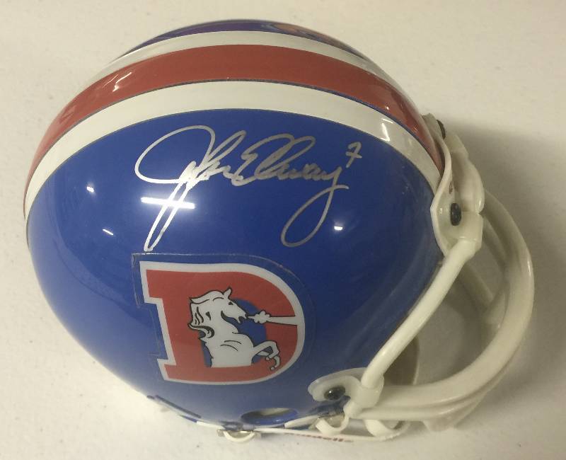 lot 1163 image: Signed John Elway Old School Denver Broncos Mini Helmet with Blue Springs Cards & Collectables Cert