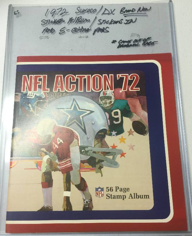 lot 1189 image: 1972 Sunoco NFL Action Sticker Book with 5 unopened packs and Mint Sticker Book